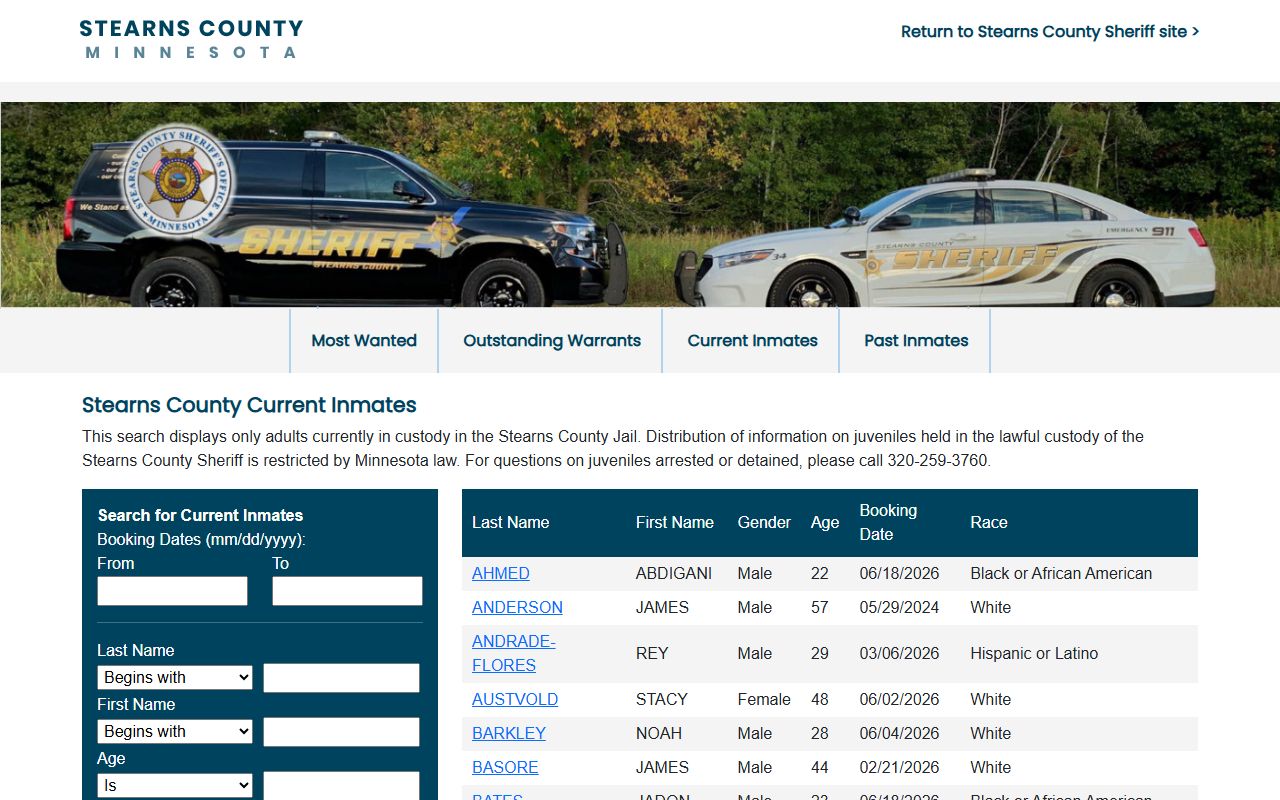 Stearns County inmate population current roster search fields