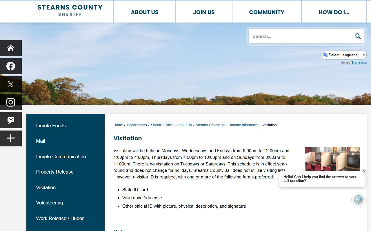 Stearns County Jail visitation page for jail inmate visits